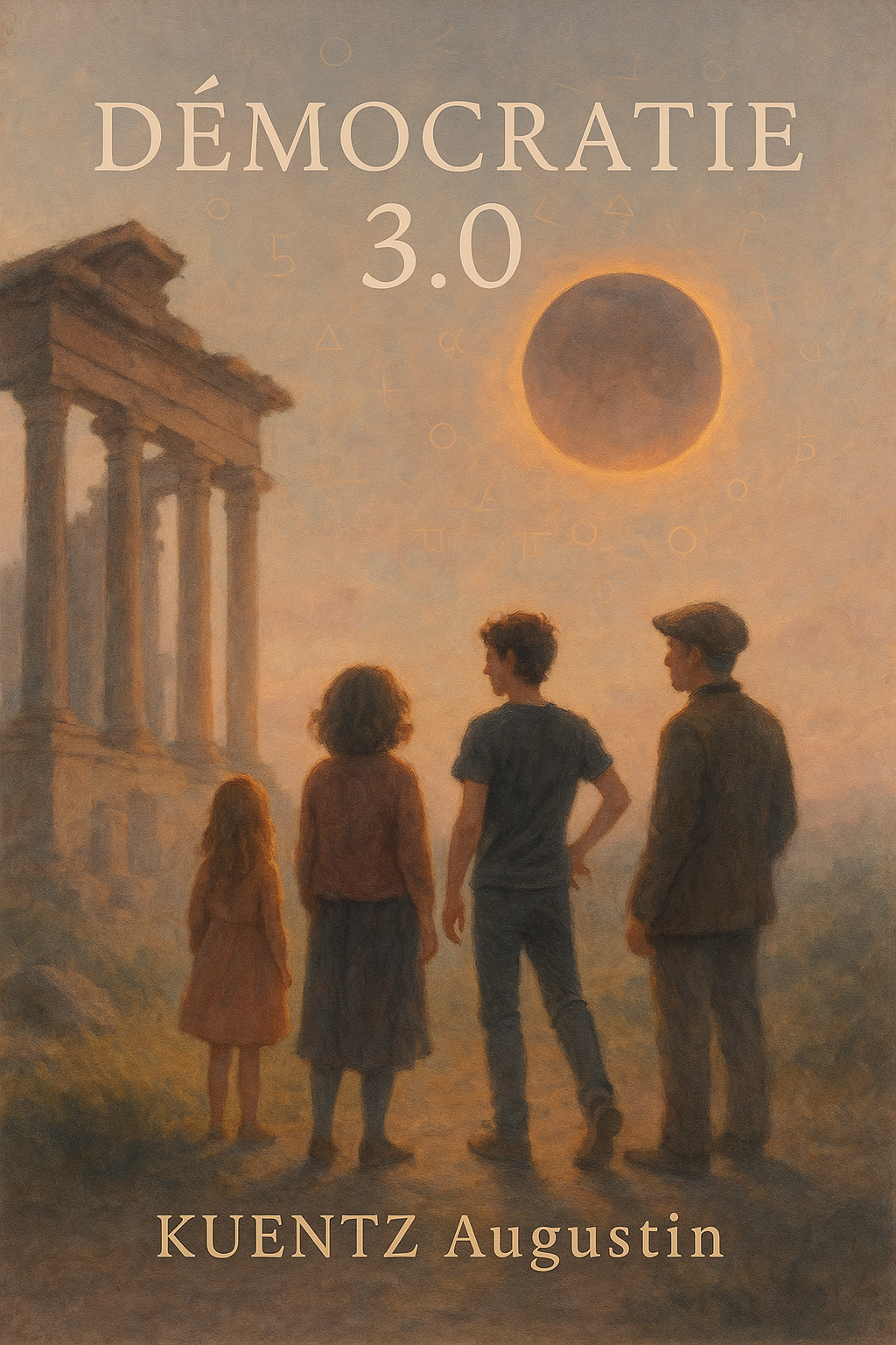 Démocratie 3.0 - Manifeste pour une renaissance démocratique Couverture du livre Démocratie 3.0 - Quatre silhouettes contemplant des ruines antiques sous une éclipse, par Augustin Moritz Kuentz