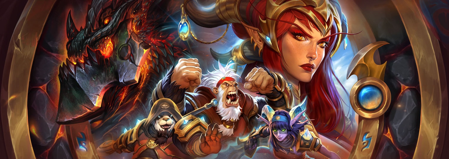 L'artwork de Hearthstone Battlegrounds : Alexstrasza et les héros face à Aile de mort