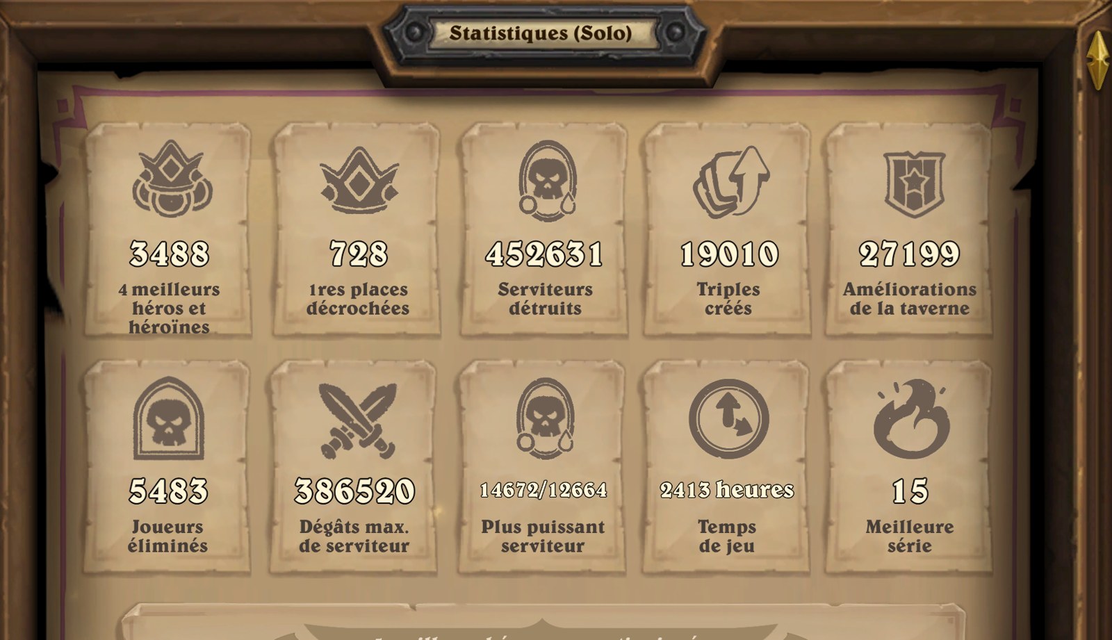 Les statistiques Battlegrounds de l'auteur : 2 413 heures de jeu, 728 premières places, 3 488 tops 4, 5 483 joueurs éliminés