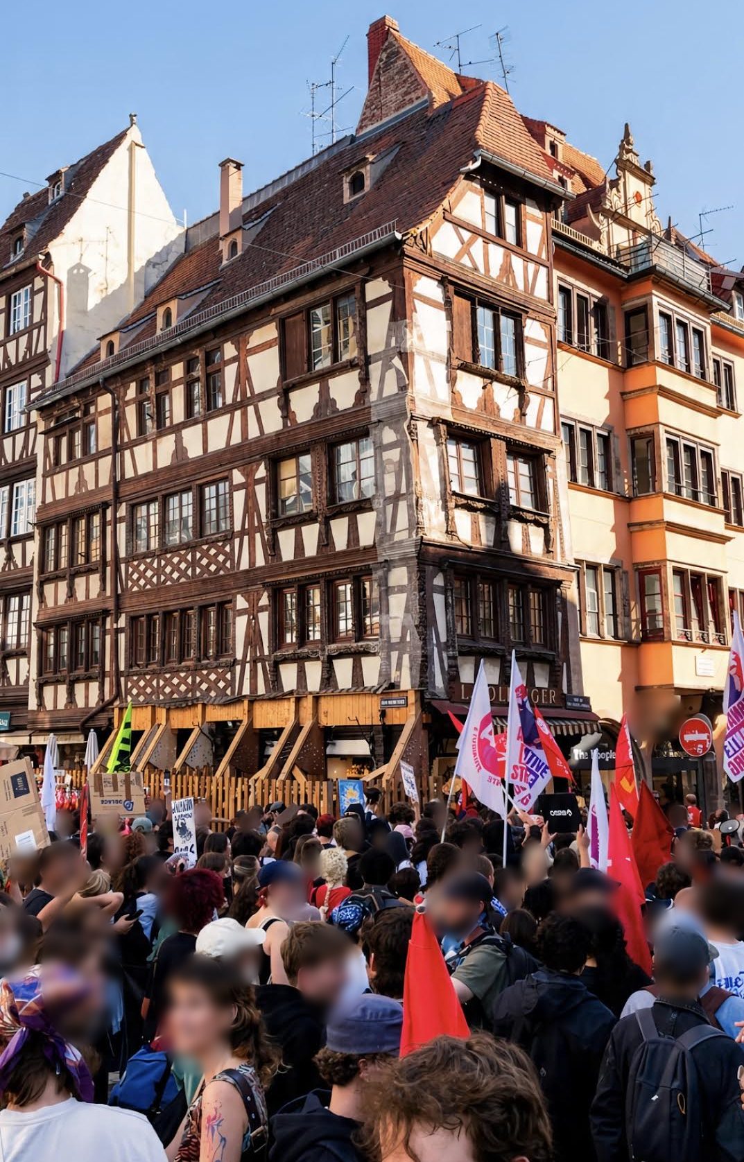 Le cortège au pied de grandes maisons à colombages de la vieille ville, avec des drapeaux rouges et des drapeaux d'organisations étudiantes.