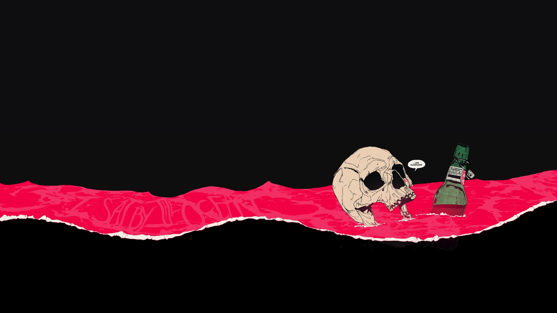 Artwork ...Like Clockwork par Boneface, crâne et bouteille dans une mer rouge
