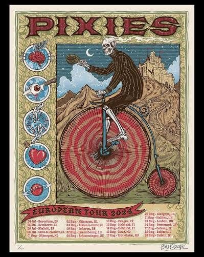Affiche de la tournée européenne 2024 des Pixies : squelette sur grand-bi