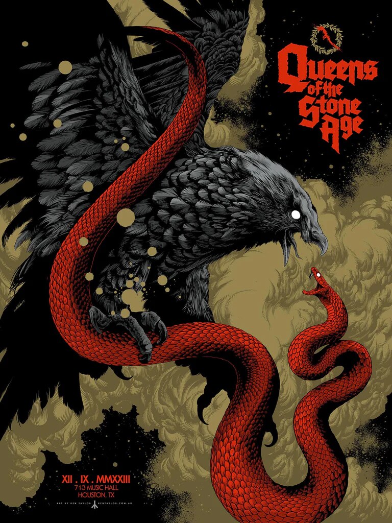 Affiche Queens of the Stone Age, Houston 2023, corbeau et serpent (Ken Taylor)