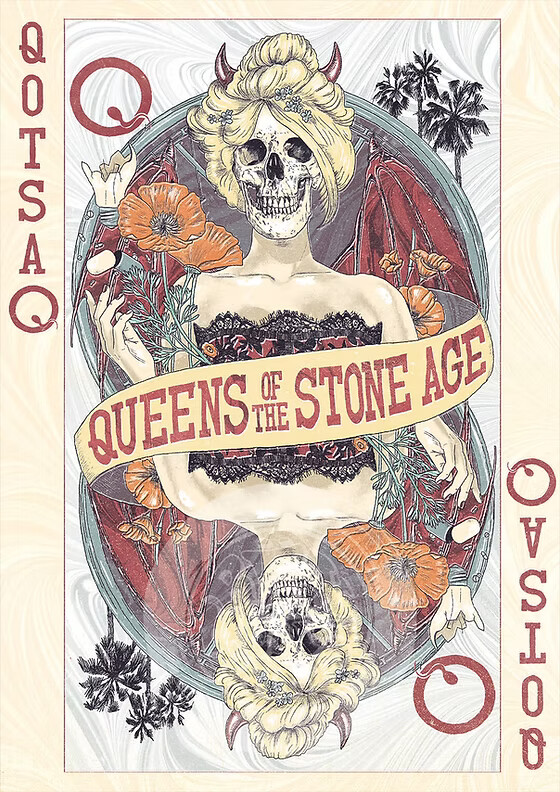 Queens of the Stone Age, illustration façon carte à jouer, reine et mort